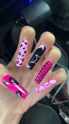 Hot Pink And Black Zebra Nails, Y2k Pink And Black Nails, Glitter Zebra Nails, Y2k Birthday Nails, Hot Pink And Black Nails Acrylics, Hot Pink And Black Nails, Pink Y2k Nails, Y2k Pink Nails, Monster High Nails