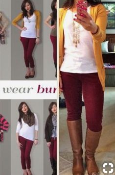 Mustard Fashion, Mustard Cardigan, Maroon Pants, Burgundy Pants, Jewelry Tips, Yellow Jewelry, Color Jewelry, Red Pants, Fashion Streetwear