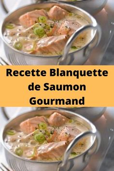 two pictures of salmon soup with peas and broccoli in a silver pot on a white table