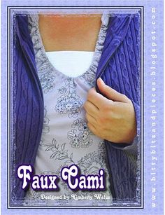 a woman is wearing a purple cardigan and has her hands on her chest, with the words faux d'ami written below