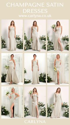 a collage of photos showing the different styles of bridesmaid gowns and dresses