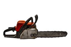 an orange and black chainsaw on white background with clipping path to the left