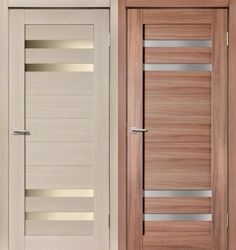 two wooden doors with glass inserts on the sides and one has a metal handle