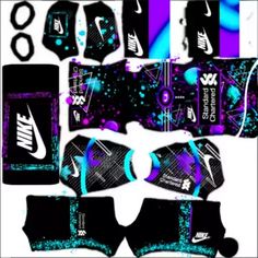 an assortment of nike shoes and accessories are shown in black, purple, and blue