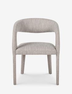 an upholstered chair with a grey fabric seat and back, viewed from the front