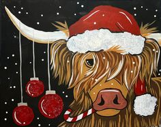 a painting of a cow wearing a santa hat with ornaments hanging from it's horns