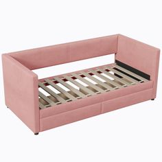 a pink bed frame with two drawers on the bottom and one drawer at the top