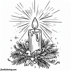 a lit candle surrounded by pine cones and holly branches with snowflakes around it