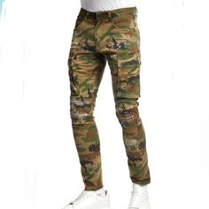 Smoke Rise Men's Fashion Utility Jeans And Twill Cargo Pants With Side Pockets Size: 30/32 Condition: New Without Tag Color: Woodland Camo Material: 98% Cotton, 2% Elastane Closure Type: Zip Fly / Button Closure Rise Style: Low Rise Military Style Fitted Bottoms For Streetwear, Fitted Military Style Bottoms For Streetwear, Fitted Military Style Pants For Streetwear, Camouflage Cotton Tapered Leg Bottoms, Fitted Cargo Pants With Five Pockets, Fitted Camouflage Cotton Jeans, Spring Cargo Style Pants, Fitted Camouflage Cargo Pants With Straight Leg, Fitted Urban Cargo Pants With Five Pockets