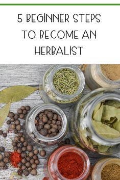 jars filled with herbs and spices on top of a wooden table, with the title 5 beginner steps to become an herbist