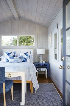 a bedroom with white walls and blue accents