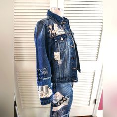 Driftwood Patchwork Denim Jacket Medium Wash Nwt From Our Recently Retired Boutique (30yrs) Great Looking With White & Black Denim Measurements Of Medium Patchwork Denim Jacket, Embroidered Jean Jacket, Upcycle Clothes Diy, Embroidered Denim Jacket, Boho Jacket, Studded Denim, Patchwork Denim, Clothes Diy, Outer Wear