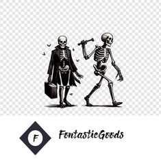 two skeletons walking down the street with their hands in each other's pockets, while one