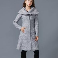 Wrap Midi Coat Winter Overcoat With Belt For Women Luca 2 | Etsy Formal Wool Coat With Stand Collar For Winter, Formal Winter Wool Coat With Stand Collar, Elegant Gray Wool Coat For Office, Elegant Sweater Coat For Cold Spring Weather, Formal Long Sleeve Sweater Coat For Winter, Formal Long Sleeve Winter Sweater Coat, Chic Fitted Winter Sweater Coat, Elegant Winter Workwear Outerwear, Elegant Fitted Gray Outerwear