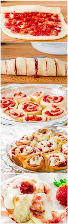 several different types of pizzas and doughnuts on trays with strawberries