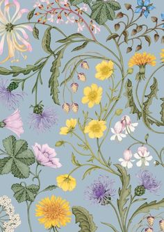 an image of flowers and leaves on a blue background for wallpaper or fabric design