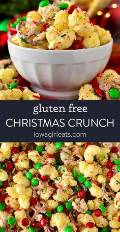 gluten free christmas crunch with candy and sprinkles in a white bowl