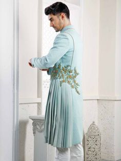 Bones Wedding, Groom Indian Wedding Outfits, Wedding Dress For Men, Men Wedding Dress, Indowestern Sherwani, Sky Blue Weddings