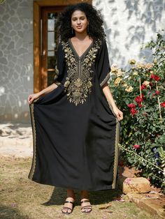 2024 new European and American black cotton gold thread embroidered beach blouse robe-style embroidered vacation bikini blouse – bydudecom Beach Blouse, Background Gold, Lazy Outfits, Gold Embroidery, Gold Thread, Gold Threads, Bohemian Jewelry, Vintage Bags, Black Background