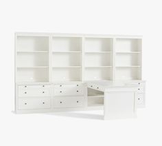 a white desk and bookcase with drawers