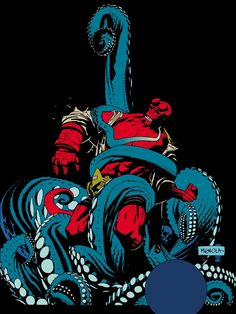 an image of a man riding on the back of a giant octopus in blue and red