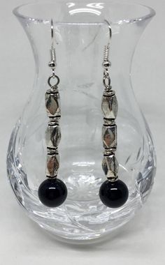 Black onyx long silver earrings, healing stone Elegant Silver Beaded Earrings With Black Beads, Black Beaded Metal Dangle Earrings, Elegant Black Earrings With Silver Beads, Black Earrings With Silver Beads As Gift, Black Long Drop Earrings With Dangling Beads, Elegant Metal Earrings With Silver Beads, Elegant Silver Beaded Metal Earrings, Silver Drop Earrings With Black Beads, Silver Earrings With Black Beads For Party