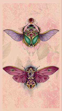 three different types of insects on a pink background