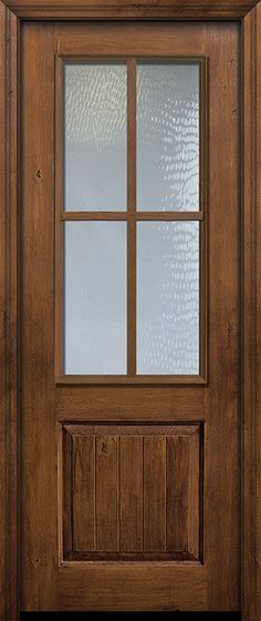 a wooden door with glass on the side