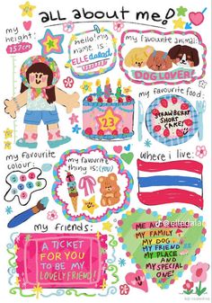 a bunch of stickers that say all about me and have different things on them