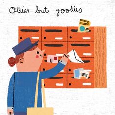 an illustration of a man with a bag looking at mail in a filing cabinet that says outer list goodies