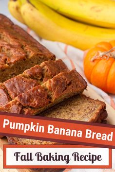 pumpkin banana bread is cut into slices on a cutting board with other fruit in the background