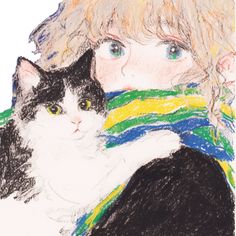 a drawing of a child holding a cat in her arms and looking at the camera