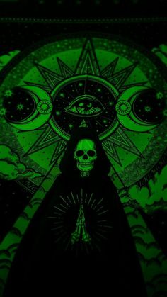 a green poster with a skull in the middle and an all seeing eye on it