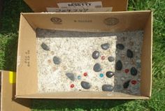 an open box with rocks in it on the grass