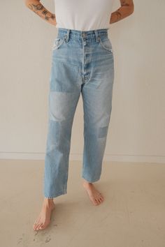 Vintage 501 reworked Levis Denim -- Each is one of a kind with mending & patchwork details. Perfectly worn in and comfortable 100% cotton. Button Fly. Flat lay measurements are included for your personal reference, please refer to them to ensure desired fit and size. Measures Flat: WAIST: 16.5" RISE: 12" HIP: 20.5" INSEAM: 27" Fits 31-33" waist depending on desired styling. Model is 5'7, size 26/27. Some modeled items may have been pinned on the model to photograph -- Please refer to flat lay me Reworked Medium Wash Rigid Denim Jeans, Light Wash Patchwork Jeans In Recycled Denim, Reworked Dark Wash Cotton Jeans, Reworked Straight Leg Cotton Jeans, Cotton Straight Leg Reworked Jeans, Medium Wash Patched Cotton Jeans, Medium Wash Cotton Jeans With Patches, Reworked Faded Cotton Jeans, Reworked Light Wash Cotton Jeans