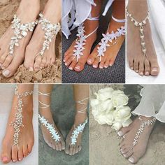 four different types of barefoot sandals with flowers on the toes and one in white shoes