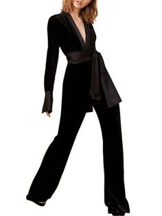 Fitted Long Sleeve Pantsuit For Night Out, Elegant Belted Jumpsuits And Rompers, Fitted Belted Evening Pantsuit, Fitted Solid Color Belted Jumpsuits And Rompers, Solid Color Belted Fitted Jumpsuits And Rompers, Party Long Sleeve Jumpsuit With Tie Waist, Fitted Belted Jumpsuits And Rompers In Solid Color, Elegant Fitted Belted Pantsuit, Fitted Jumpsuits And Rompers With Tie Waist For Party