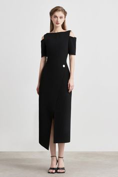 This dress is a stylish and sophisticated midi dress. It features a surplice wrap front, cold shoulder sleeves, and punto stitching to accentuate the form-fitting silhouette. This high-quality and well-crafted dress is a timeless addition to any wardrobe. Length with asymmetric flap: 113/118cm-114/119cm-115/120cm (S-M-L) Mean Blvd, Gown Inspiration, Swimwear Dress, Fantasy Dress, Dress For Short Women, Asian Style, Lace Mini Dress, Kpop Outfits, Cheongsam