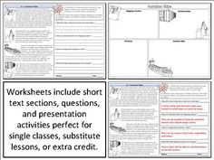 worksheets include short text sections, questions, and presentation activities for single classes, subtitue lessons, or extra credit