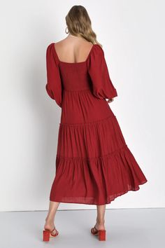 Details: V neckline Long sleeves Solid Midi dress Size Chart: Size Length Bust inch cm inch cm S 39 100 33 84 M 39.7 101 34.6 88 L 40 102 36.2 92 XL 40.5 103 37.8 96 2XL 41 104 39.4 100 Burgundy Midi Dress Long Sleeve, Cute Red Dresses Lulus, Solid Midi Dress, Darling Dress, Long Balloons, Tiered Midi Dress, Long Sleeve Midi Dress, Dress Size Chart, Balloon Sleeves