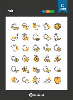 the fruit icon set includes various fruits and vegetables