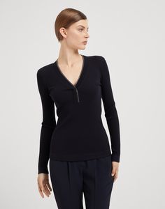 Ribbed wool jersey top with shiny neckline The iconic embellishment of the Brunello Cucinelli collections enriches the minimal style of this ribbed wool jersey T-shirt. The V-neck is illuminated with a precious trail of fine rows of shiny monili, adding a sparkling touch to the garment. The compact texture and fitted lines make the cut very comfortable. Tuxedo T Shirt, Knitwear Dress, Minimal Style, Eyewear Womens, Boutique Online, Jersey Top, Shirt Skirt, Blazer Dress, Event Dresses