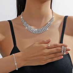 Material: Rhinestone Color: Four-Piece Set 01-Silver Fashion Element: Round, Quadrilateral Style: Simple Rhinestone Ornaments, Ring Sets, Silver Fashion, Chain, Silver, Color