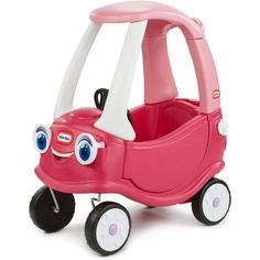 a pink toy car with eyes on it's face and two white wheels,