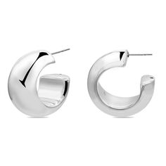 These sterling silver thick hoops measure 0.75 inches in diameter and 0.75 inches wide. They are very light and feature a contemporary design that makes a bold statement. Modern Jewelry With Thick Band And Shiny Finish, Modern Sterling Silver Huggie Earrings With Shiny Finish, Modern Shiny Small Hoop Huggie Earrings, Modern Silver Metal Huggie Earrings, Modern Rounded Sterling Silver Jewelry, Modern Small Hoop Silver Huggie Earrings, Modern Silver Huggie Earrings, Modern Silver Small Hoop Huggie Earrings, Contemporary Small Hoop Earrings With Polished Finish