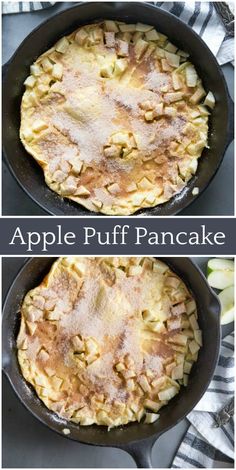 an apple puff pancake in a cast iron skillet