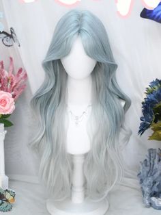 Blue and Grey Ombre Long Wavy Synthetic Wig with Curtain Bangs Hair Wig, Ice Blue Hair, Blue Ombre Wig, Easy Hair Drawings, Kawaii Wigs, High Fashion Hair, Cosplay Hair, Ombre Wigs, Ombre Hair Color