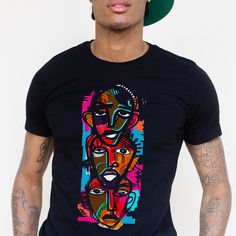 This adult unisex shirt features colorful abstract brown men in a graffiti style. It's a soft top made for afrocentric types and it offers a comfortable feel. The tee material is 100% cotton and soft enough for everyday life. Available in multiple sizes and several colors. It offers a retail fit with side seams that provide greater durability. Check the included measurement chart for just the right fit. A unique gift created for us. Shop The Trini Gee for more: https://www.etsy.com/shop/thetrini Multicolor Screen Print Tops For Streetwear, Multicolor Streetwear Tops With Screen Print, Fitted Shirt With Custom Print For Streetwear, Fitted Custom Print Shirt For Streetwear, Artsy Crew Neck Tops For Streetwear, Artistic Black Top With Graphic Design, Artsy Graffiti Print Tops For Streetwear, Artistic Black Tops With Graphic Design, Urban Multicolor Tops With Graphic Print