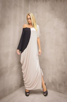 Summer Maxi Dress, Black and Beige Maxi Dress, Loose Dress, Plus Size Dress, Asymmetric Maxi Dress, Long Dress, Beach Dress, Plus Size#35386 NEW .... MAXI DRESSES Colorful Maxi dresses for stunning and comfortable look...! A must have for all seasons ..! Wear it with flat or heels , and be feminine and elegant ...!    SEE COLOR CHART HERE : https://www.etsy.com/listing/235259897/viscose-color-chart?ref=shop_home_active_4 - Handmade item - Materials : viscose - The model wears : size - small, col Elegant Beach Maxi Dress With Asymmetrical Neckline, Black Draped Maxi Dress For Summer, Elegant Asymmetrical Neckline Maxi Dress For Beach, Black Draped Summer Dress, Asymmetrical Black Maxi Dress For The Beach, Asymmetrical Black Maxi Dress For Beach, Beach Dress Plus Size, Long Dress Beach, Beige Maxi Dress