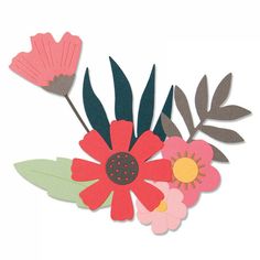 a paper flower arrangement with leaves and flowers on it's side, cut out in half